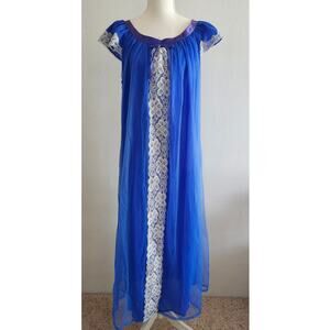 Vintage Erica Loren New York Blue Nylon Chiffon Nightgown Lace 1960s 70s Large